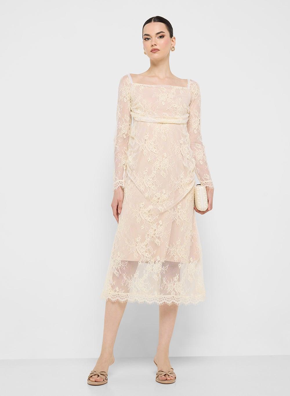 Cream Lace Overlay Midi Dress - Image 1