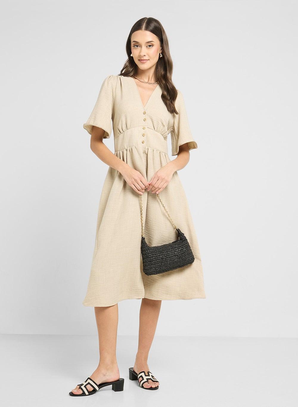 Button Detail Cinched Waist Midi Dress - Image 1
