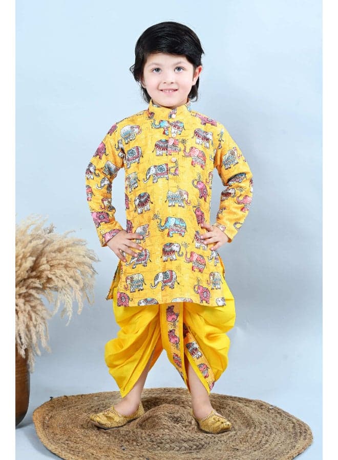 Yellow Cotton Silk Animal Print Boys Kurta Dhoti Set - Image 1