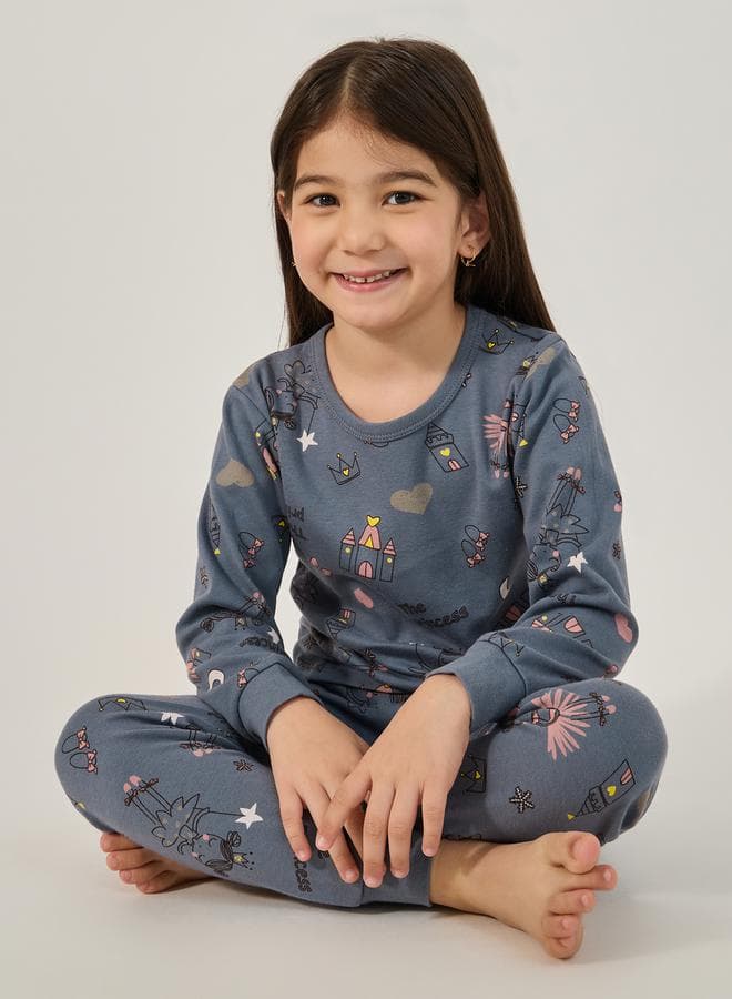 Girls All-Over Print Round Neck T-Shirt Pyjama Set - Image 1