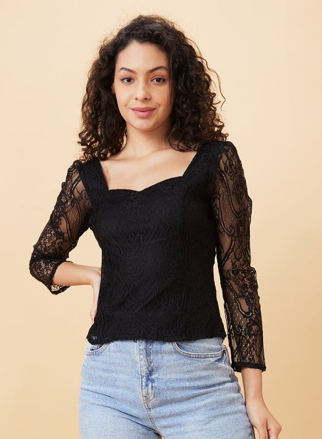 Globus Sweetheart Neck Lace Puff Sleeve Top - Image 1