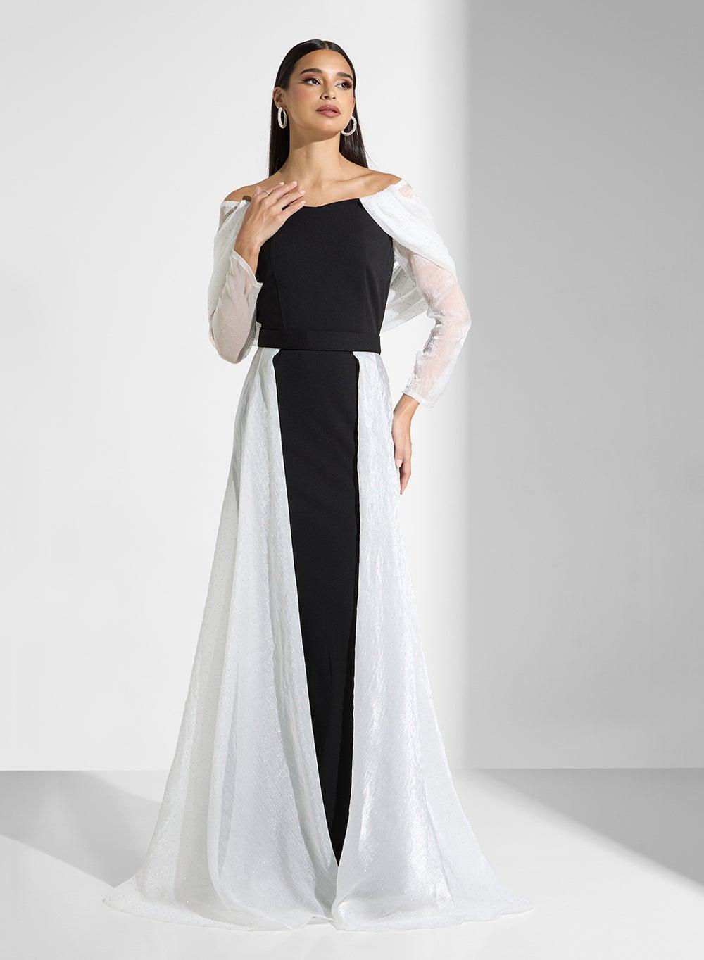 Off-Shoulder Black and White Maxi Dress - Image 1