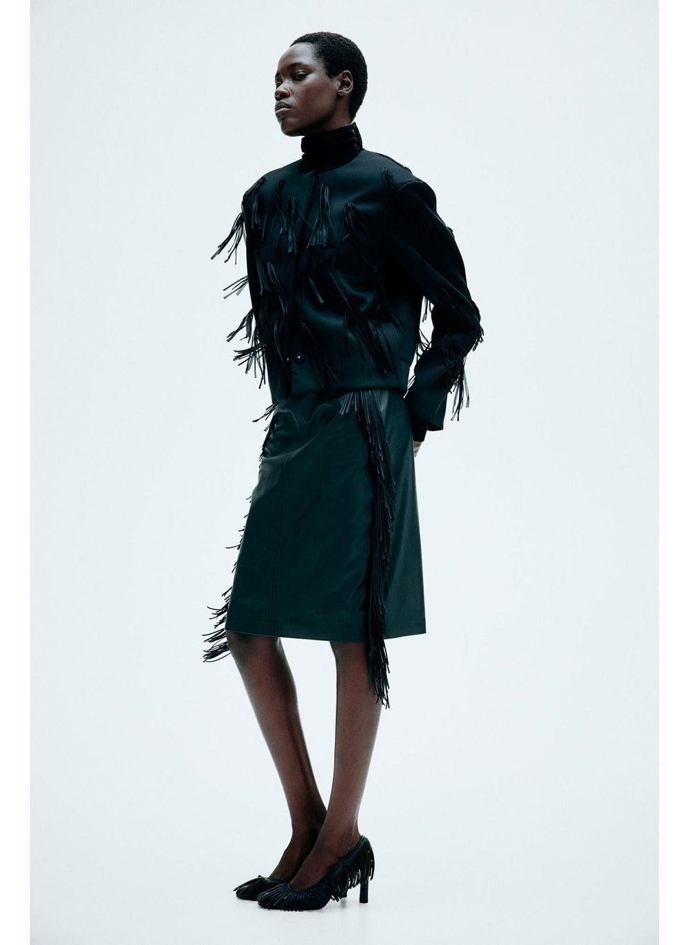 Fringed Coated Knee-Length Skirt - Image 1
