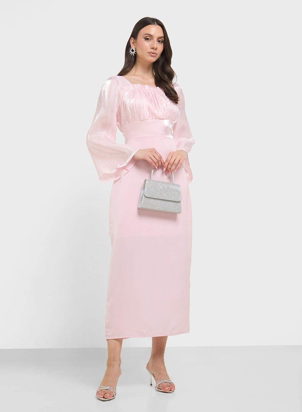 Ruched Shift Midi Dress With Slit Sleeves - Image 1