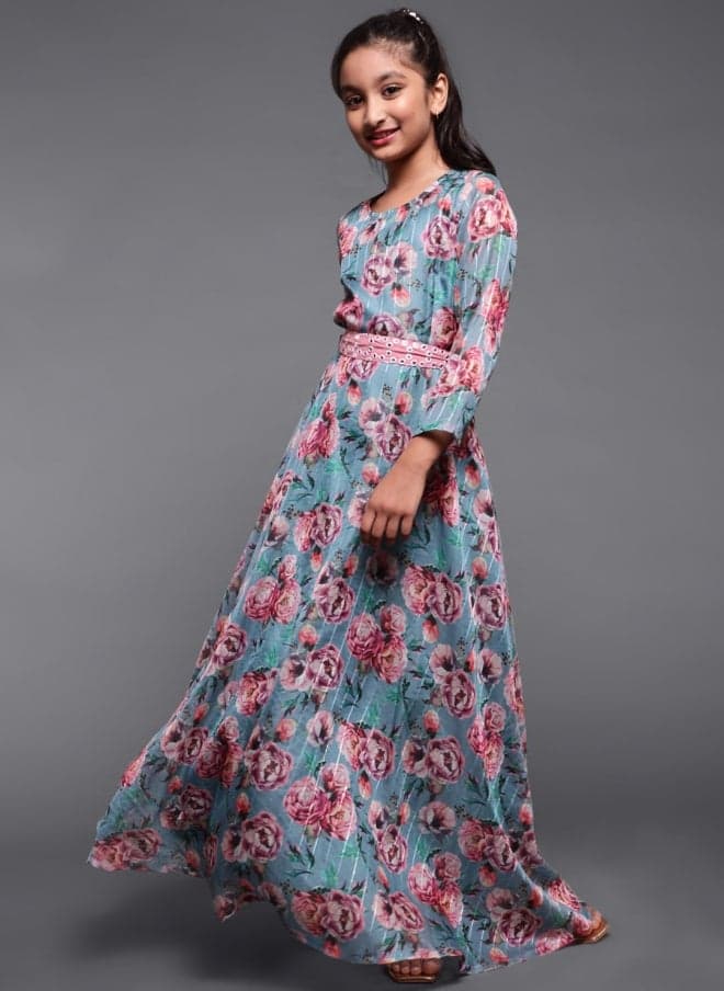 Floral Printed Maxi Dress for Girls with Belt - Image 1