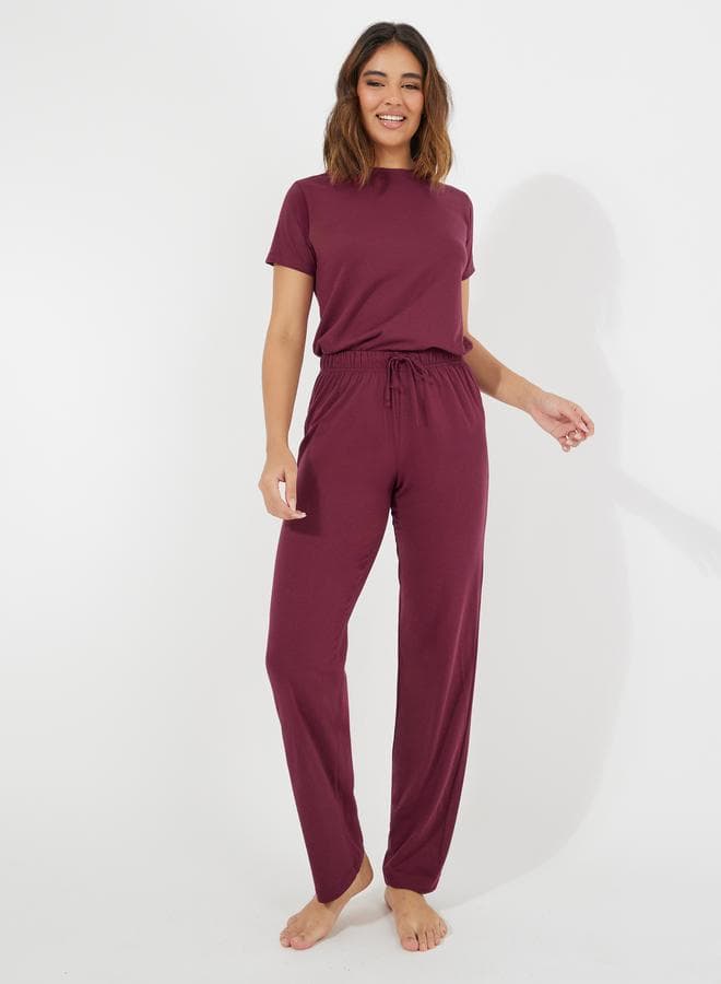 Solid Cotton T-Shirt and Straight Pyjama Set - Image 1