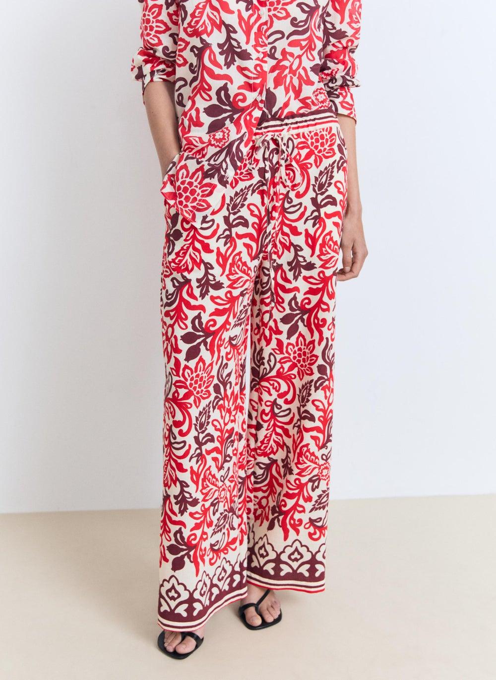 Flowy Printed Straight-Leg Trousers with Drawstring Waist - Image 1