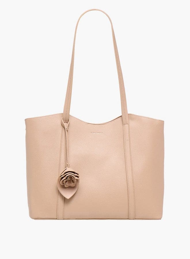 Solid Tote Bag with Floral Charm and Double Handles - Image 1