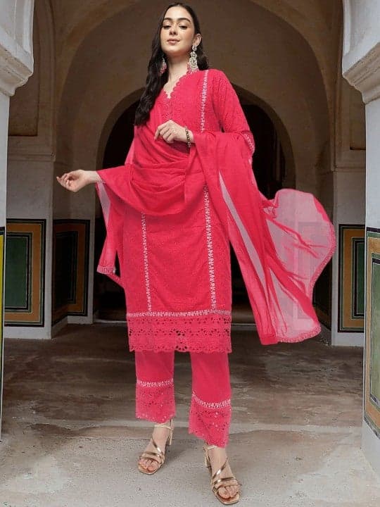 Pink Cotton Embellished Straight Fit Kurta Set - Image 1