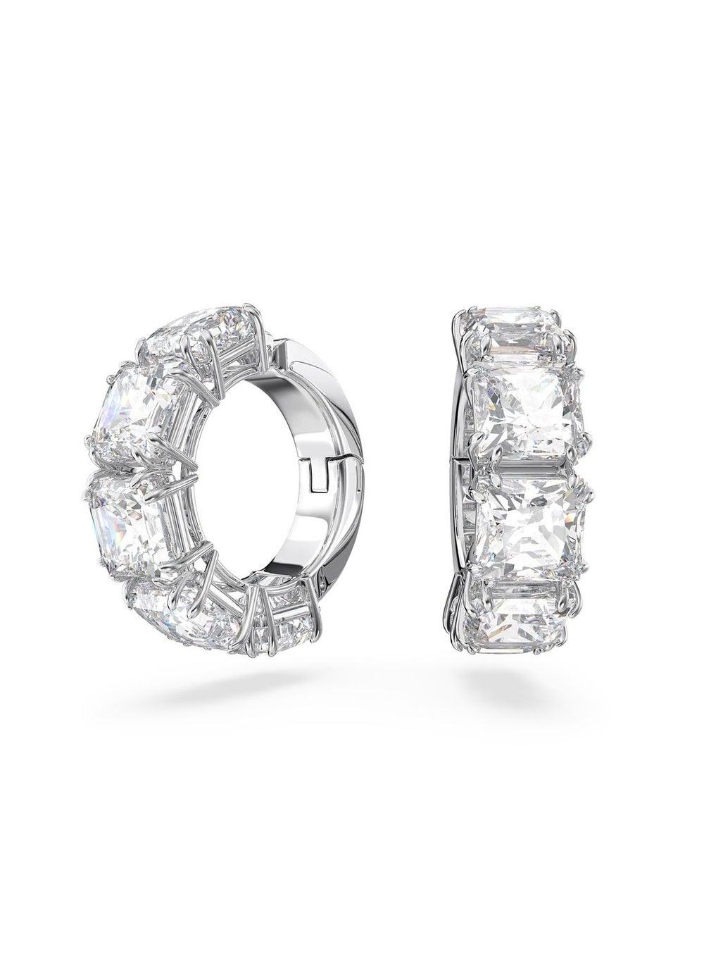 Millenia Pair Rhodium Plated Clear Stone Hoop Earrings - Image 1