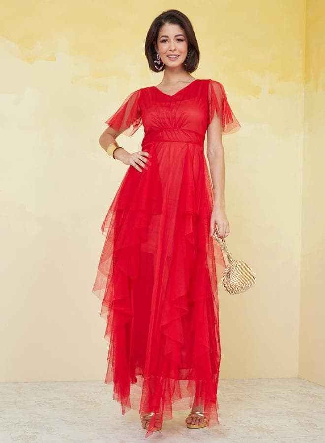 Mesh Insert Layered A-Line Red Maxi Dress - Image 1