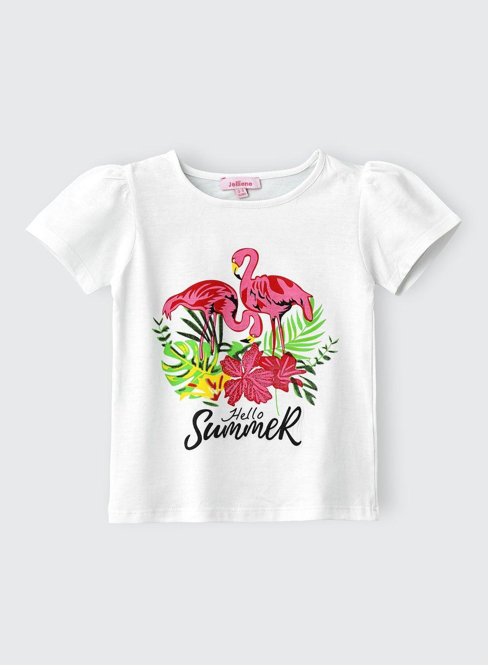 Hello Summer Flamingo Cotton Tee for Girls - Image 1