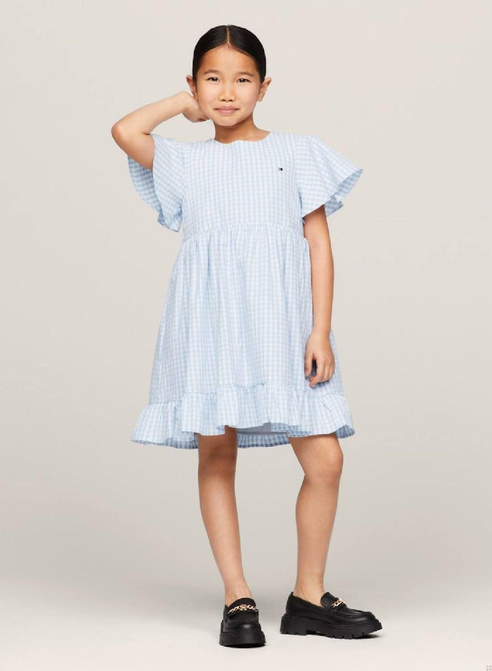 Light Blue Gingham Ruffle Dress for Girls - Image 1