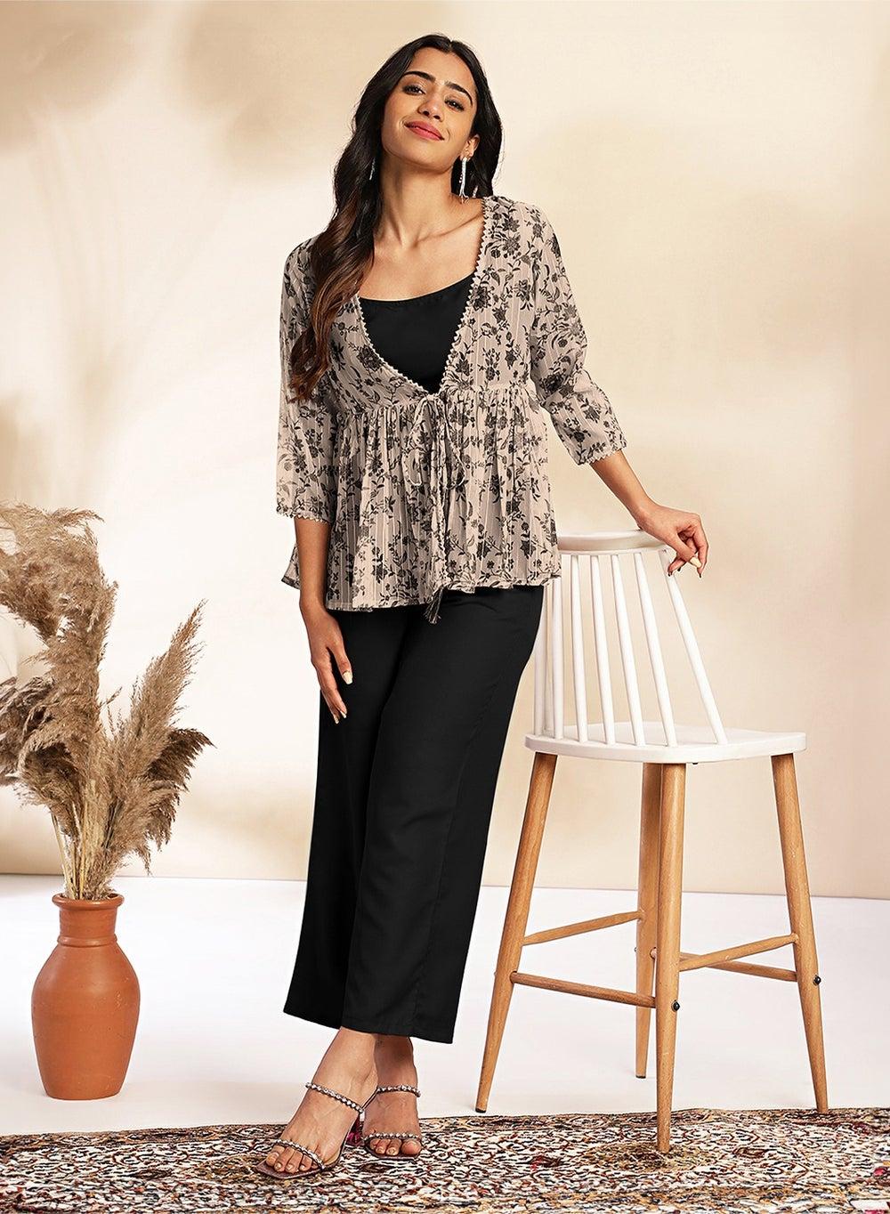 Black Crepe Solid Printed 3-Piece Kurta Pant Set - Image 1