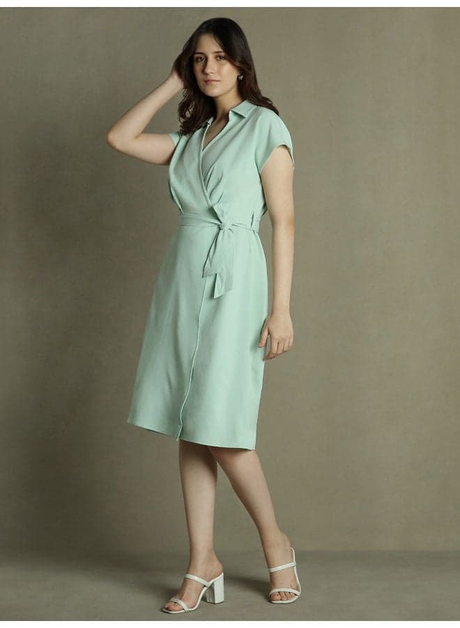 Mint Wrap Midi Dress with Collared Neckline - Image 1