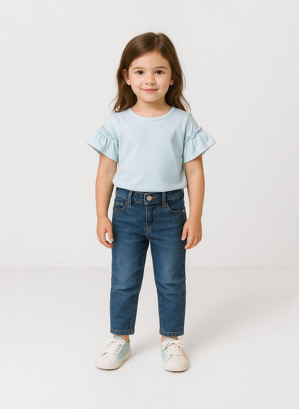 Girls Navy Mom Fit Denim Jeans with Elastic Waist - Image 1