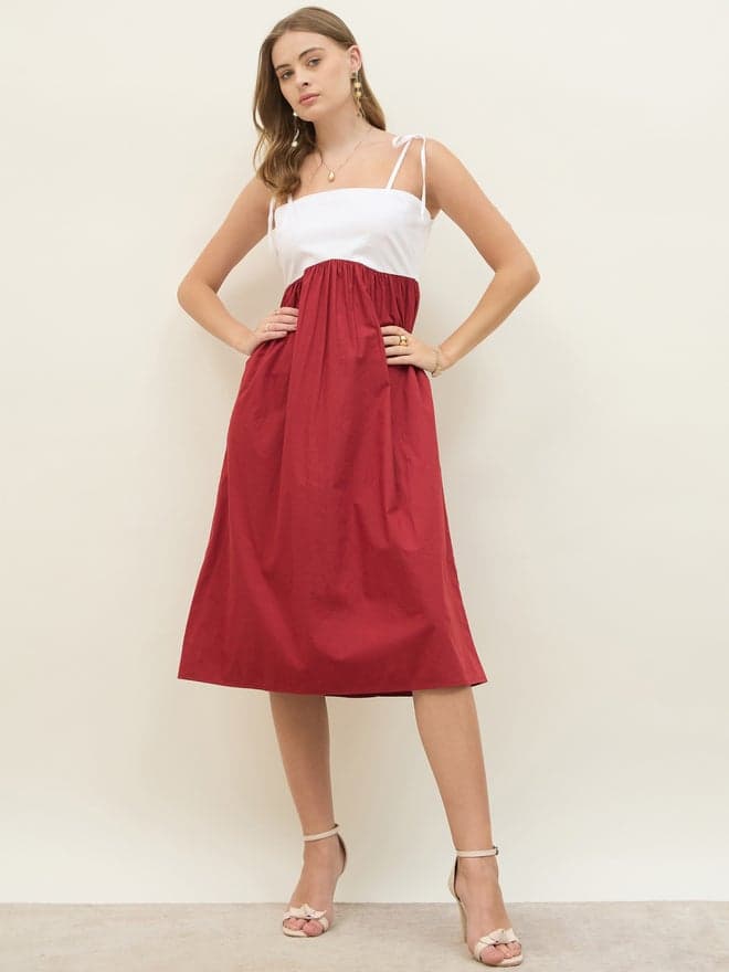 Color Block Midi Dress with Tie Shoulder Straps - Image 1