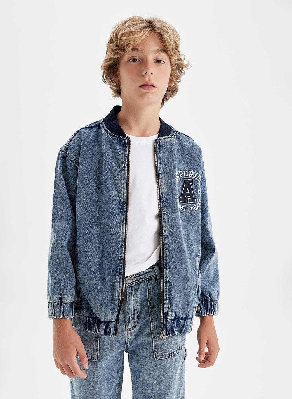 Boys Bomber Jean Jacket With Zipper And Pockets - Image 1