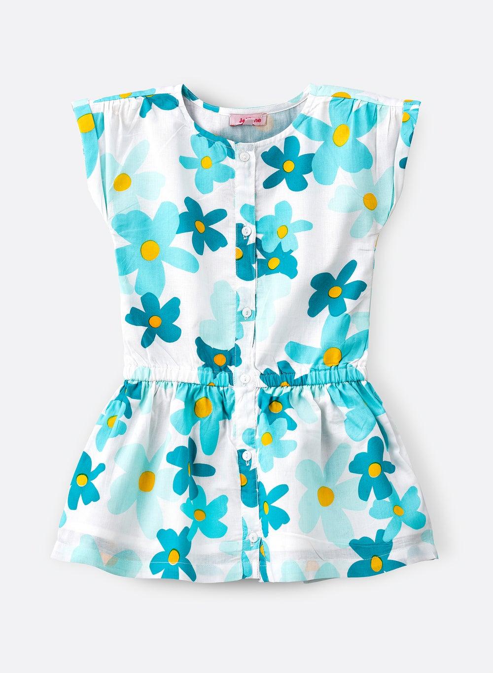 Aqua Floral Cotton Playsuit for Girls - Image 1