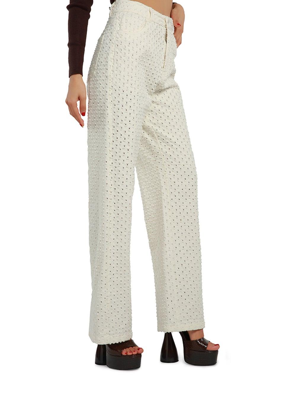White Textured High Waist Cozy Pants - Image 1