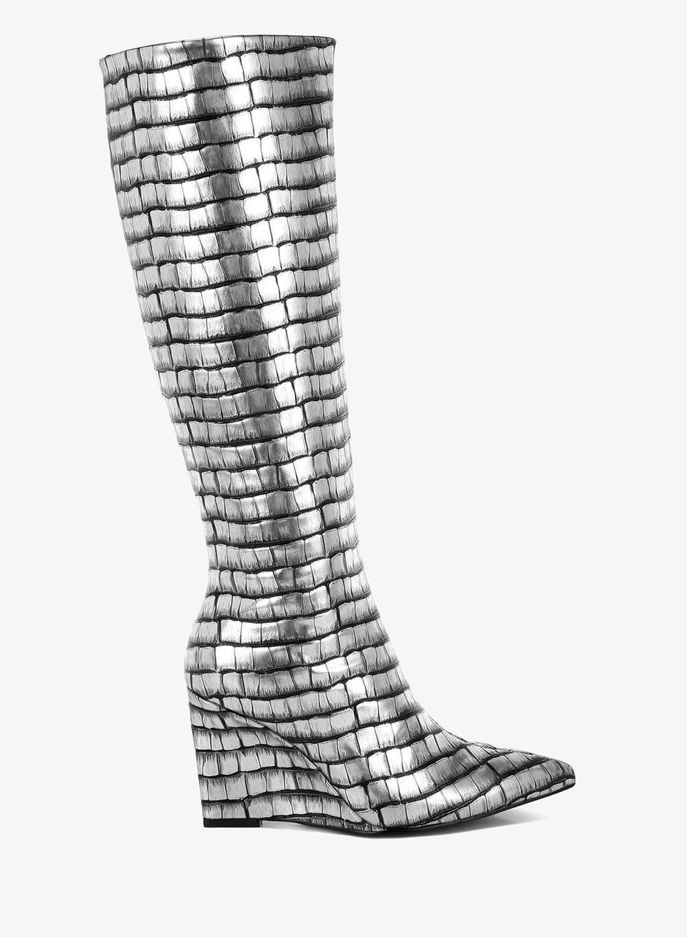 Croco Metallic Black Silver Long Knee Boots - Image 1