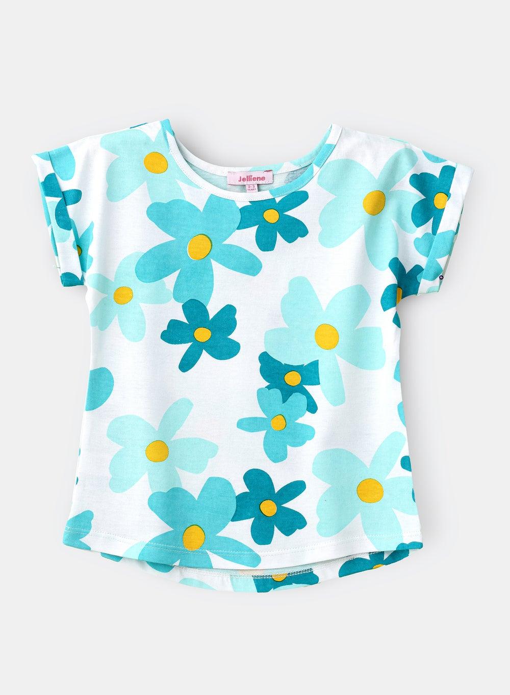 Aqua Blue Floral Cotton Tee for Girls - Image 1