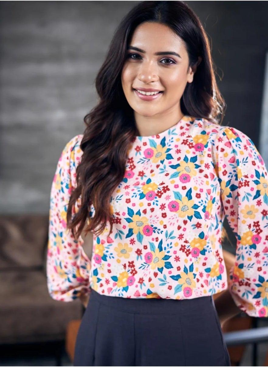Pink Floral Long Sleeve Chiffon Blouse - Image 1