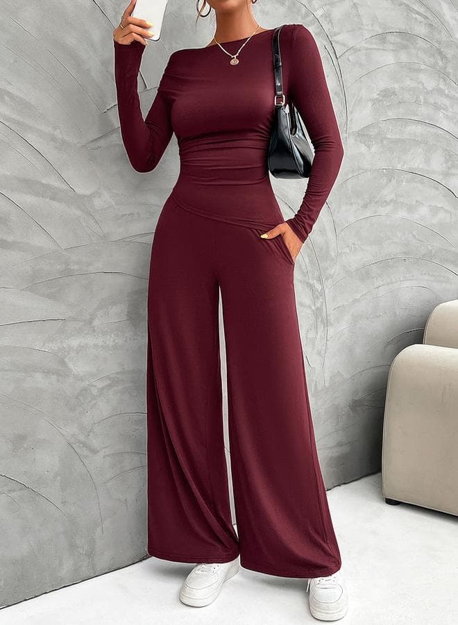 Boat Neck Fitted Top Wide Leg Pants Co-Ords - Image 1