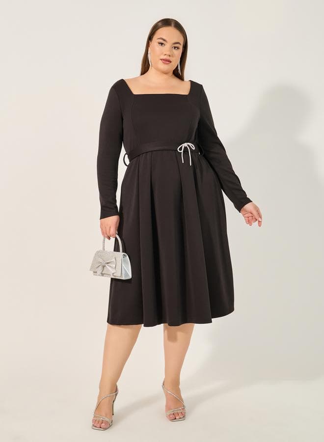 Square Neck Midi Dress with Pleated Skirt - Image 1