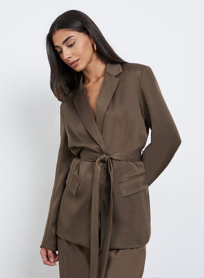 Styli Women Regular Fit Longline Belted Brown Blazer - Image 1