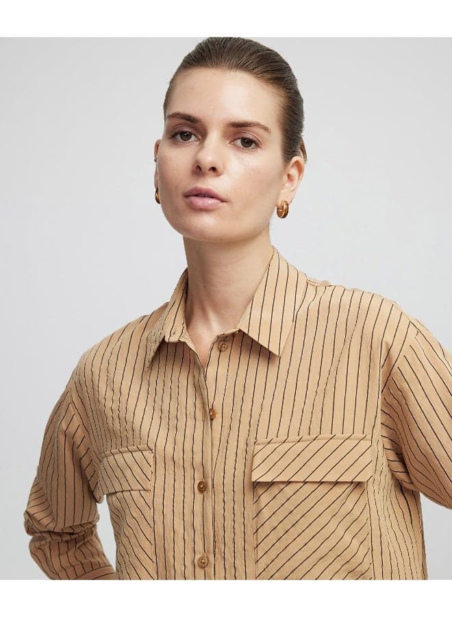 Regular Fit Striped Shirt with Diagonal Pocket Detail - Image 1