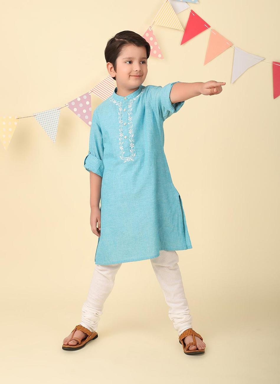 Blue Cotton Chikankari Long Kurta for Boys - Image 1