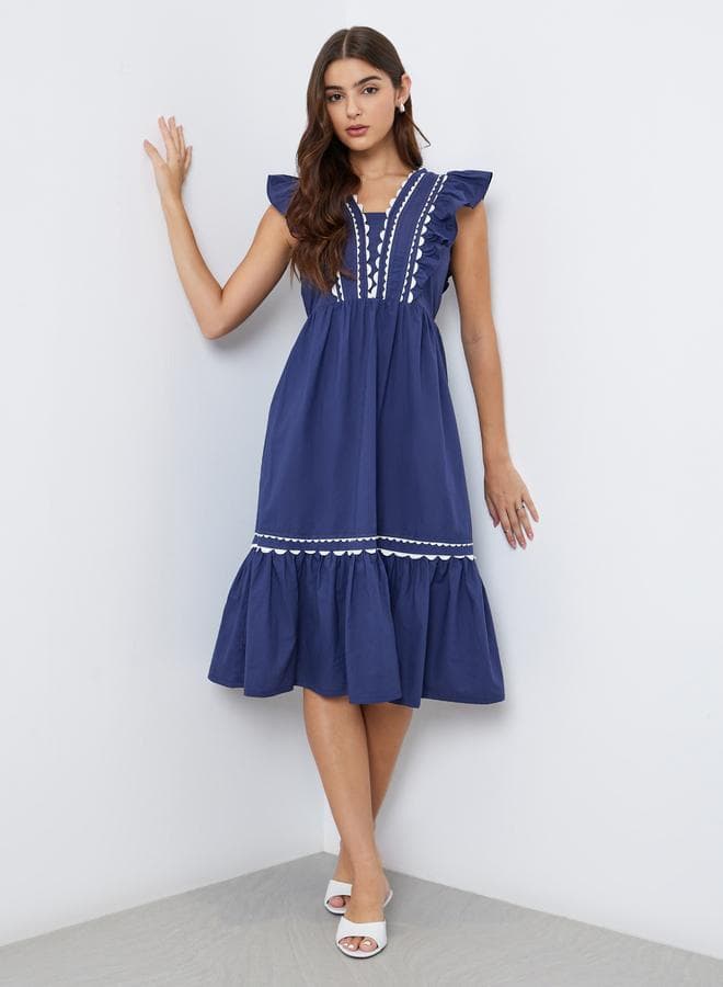 Blue Ruffle Detail Midi Dress - Image 1