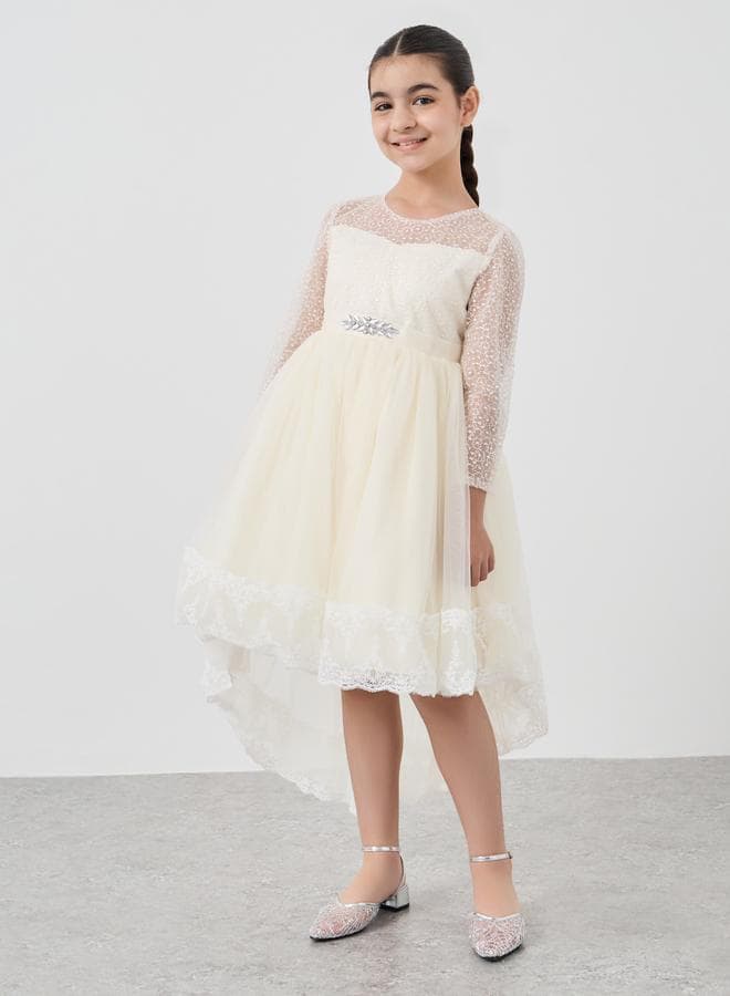 Girls Off White Embroidered High-Low Mesh Dress - Image 1