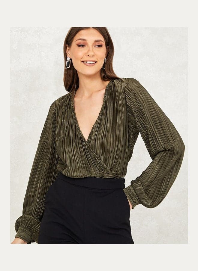 Styli Metallic Pleated Wrap Front Top - Image 1