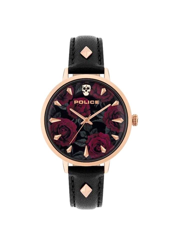 Miona Black Leather Women’s Watch with Floral Skull Dial - Image 1