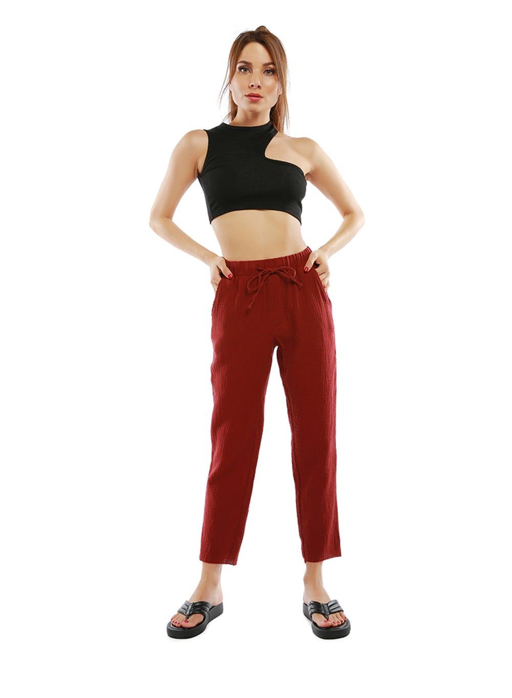 Burgundy Drawstring Narrow Bottom Summer Pants - Image 1