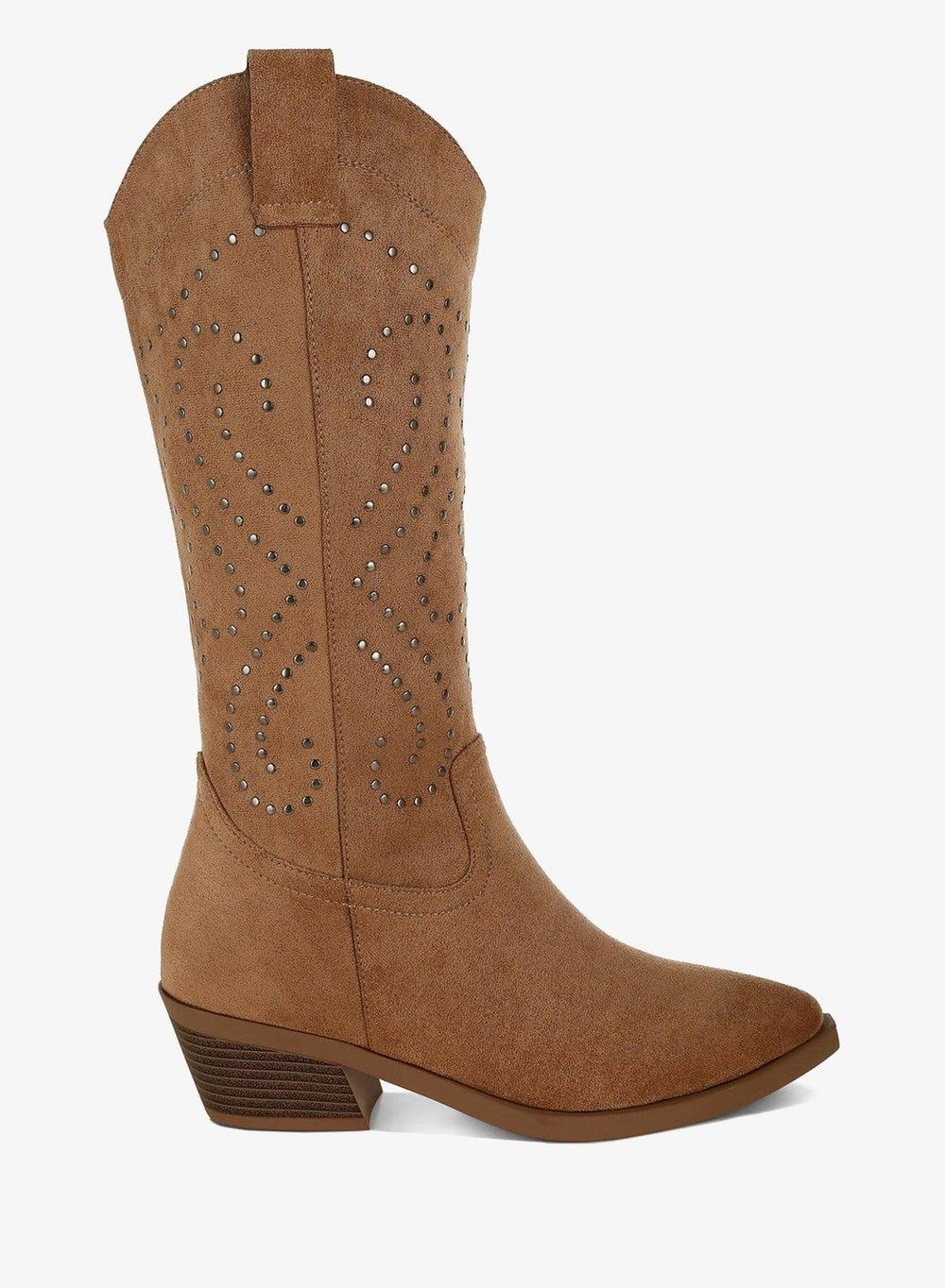 Studs Embellished Camel Cowboy Knee Boots - Image 1
