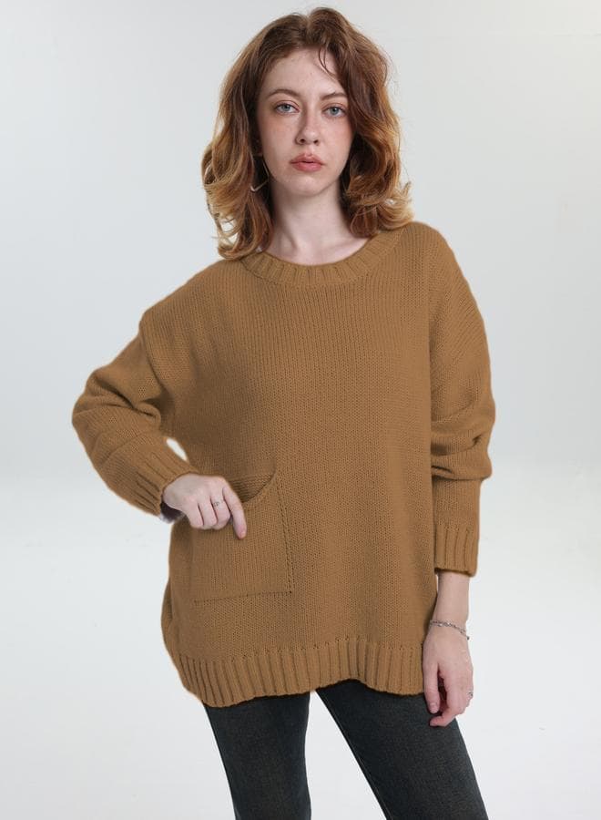 Take Two Plus Size Brown Pocket Detail Knit Sweater - Image 1