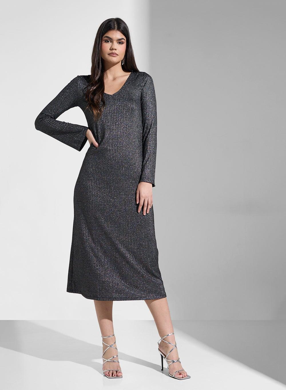 Sparkle Jersey Midi Dress with V-Neck - Image 1