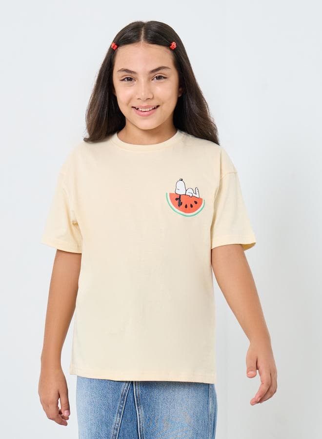 Styli Girls Beige Snoopy Oversized Graphic T-Shirt - Image 1