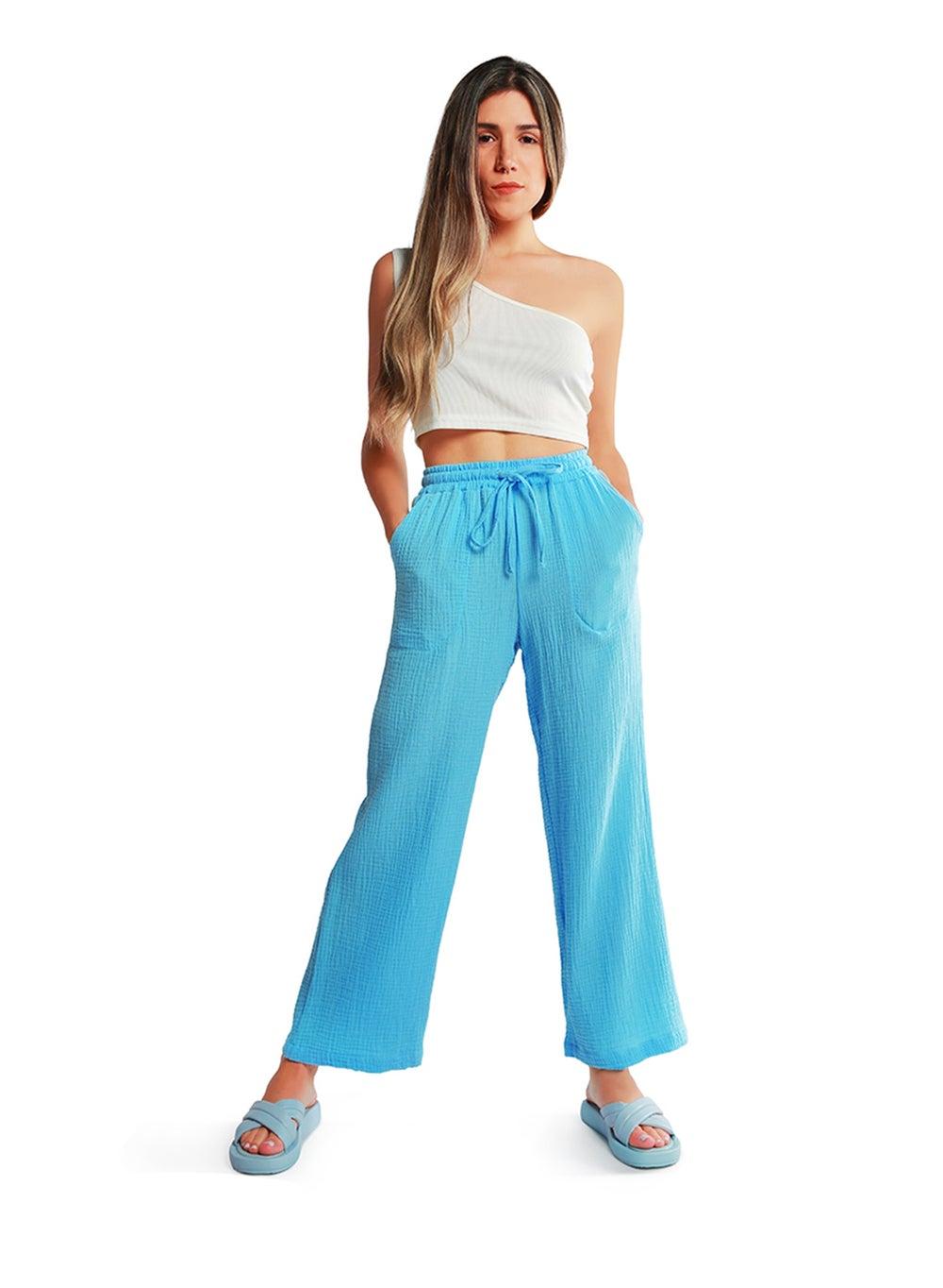 Bright Blue Drawstring Wide-Leg Casual Lounge Pants - Image 1