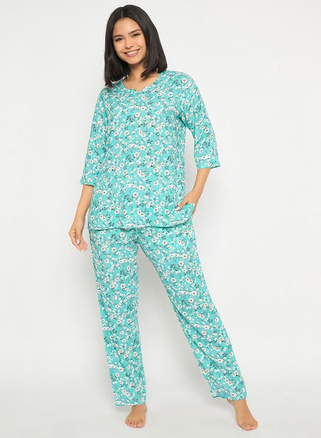 Clovia Floral Print Notch Neck Long Pyjama Set - Image 1