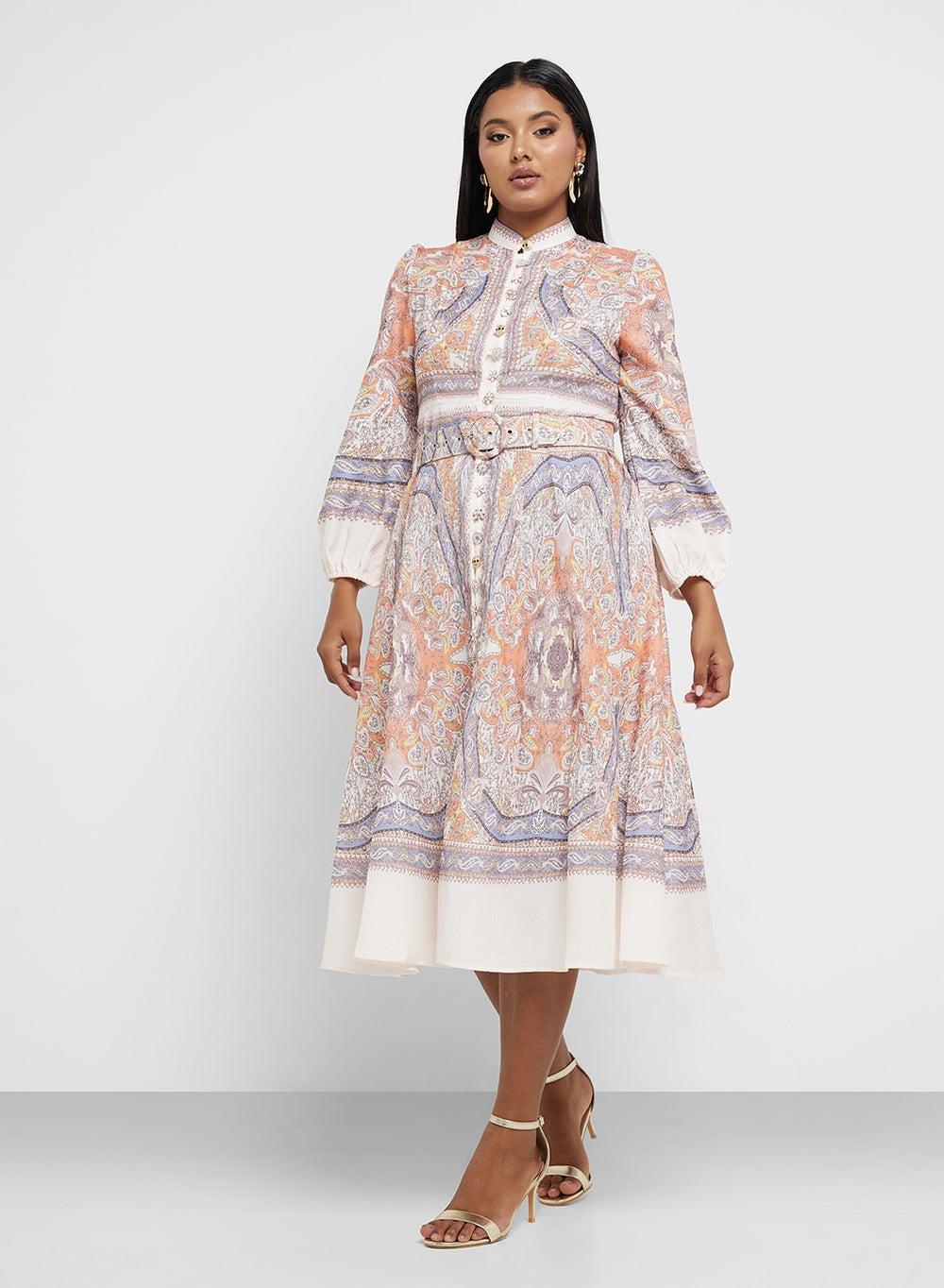 Paisley Print Midi Dress with Belted Button Front - Image 1