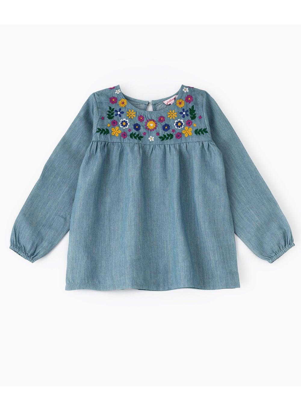 Girls Embroidered Knit Top with Yoke and Hem Detail - Image 1