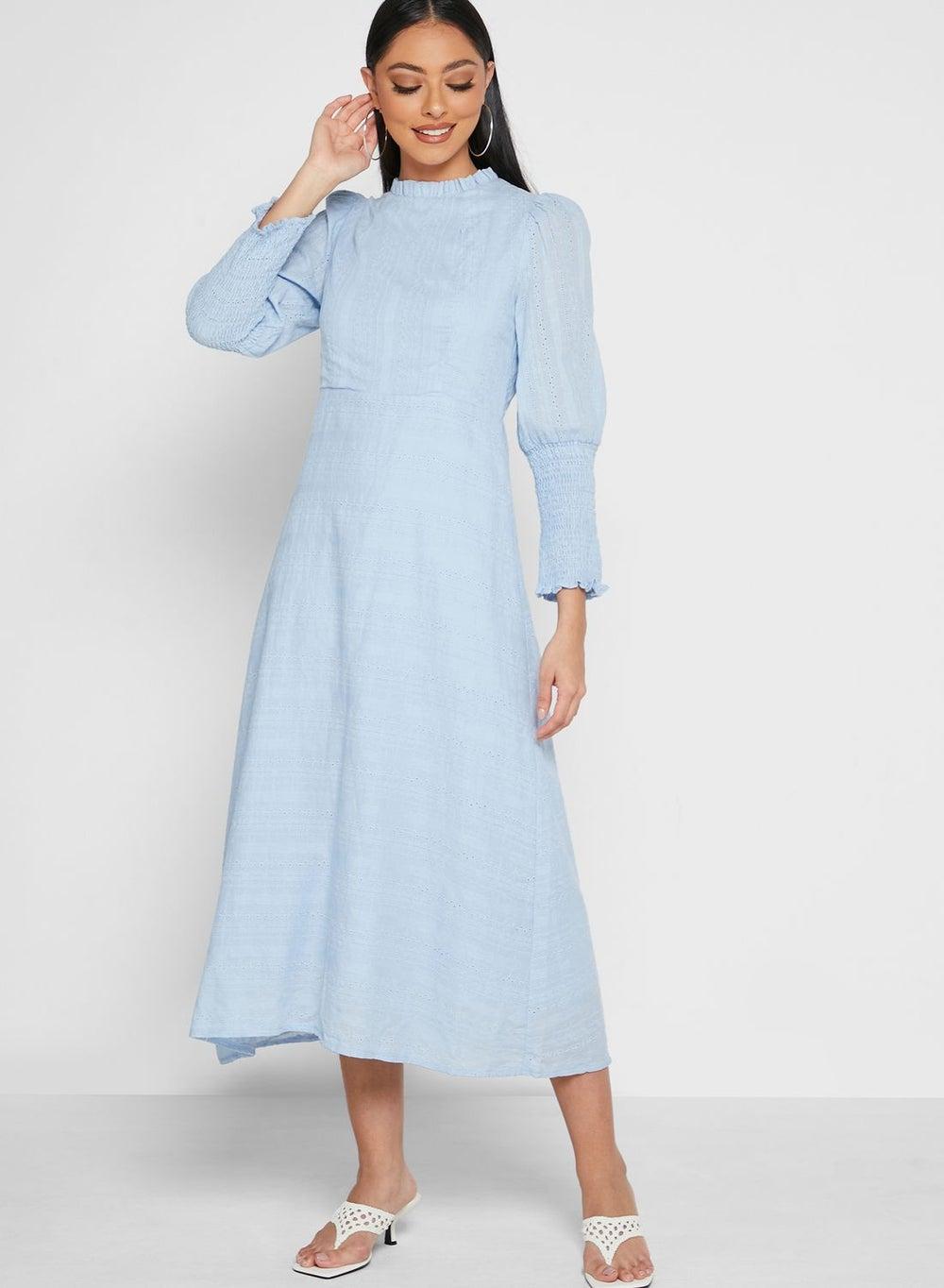 Light Blue Eyelet Mockneck Midi Dress - Image 1