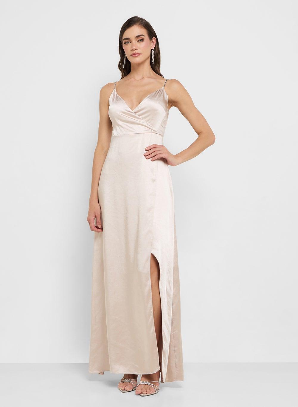 Champagne Satin Slip Dress with Wrap Front - Image 1