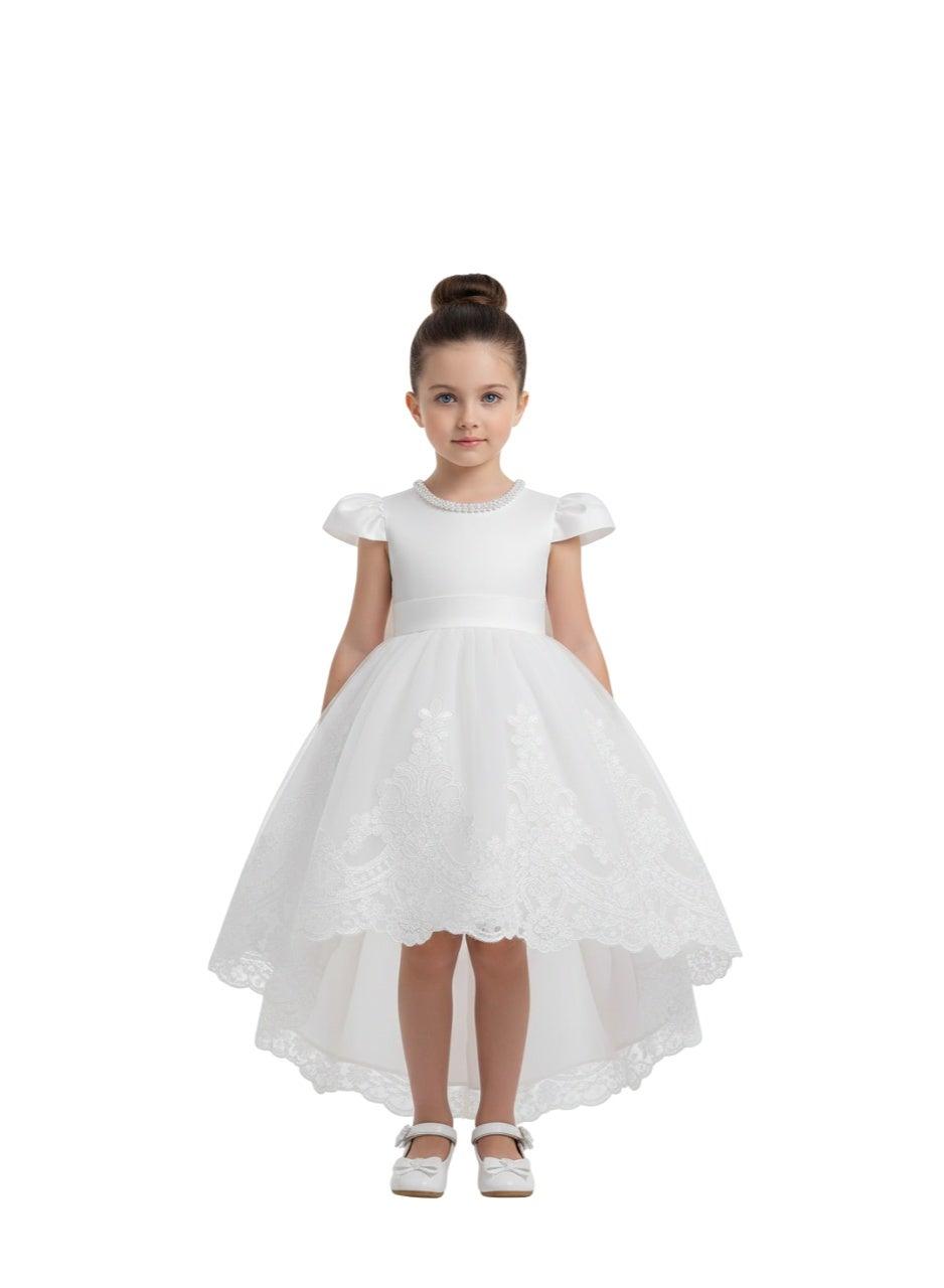 Lace Trimmed Girls White A-Line Dress - Image 1