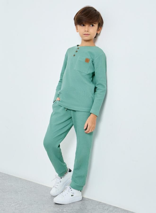 Styli Boys Green Waffle Knit T-Shirt & Joggers Set - Image 1