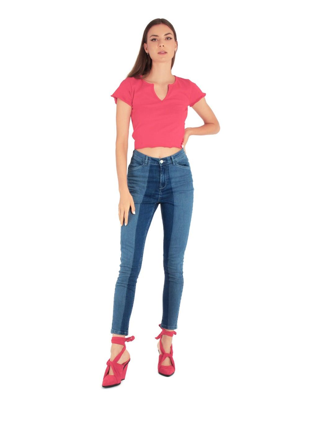 Dark Blue Two-Tone Skinny Block Jeans - Image 1